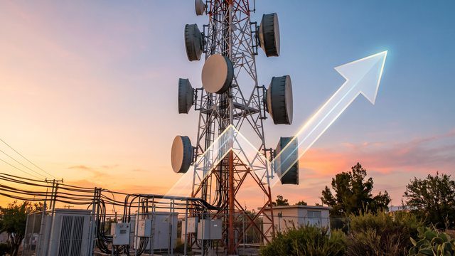 Torre de telecomunicaciones al atardecer con una flecha ascendente