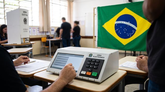 Urna electronica y bandera de Brasil en una casilla de votacion