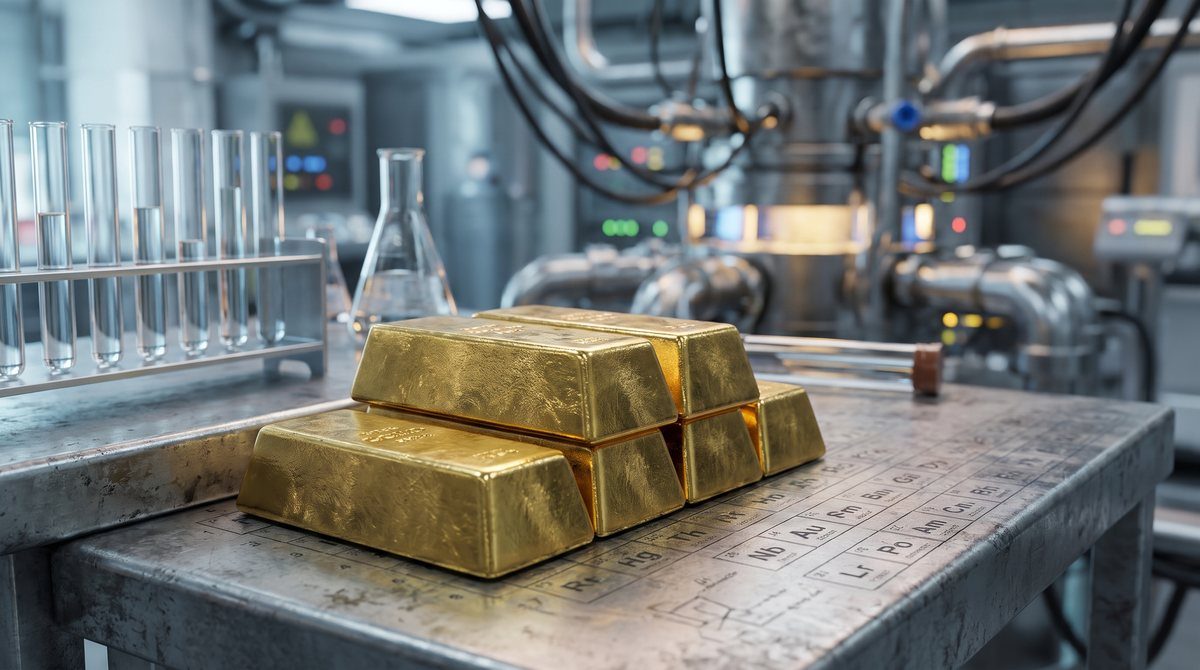 Lingotes de oro sobre una mesa de laboratorio con tubos de ensayo y la tabla periodica