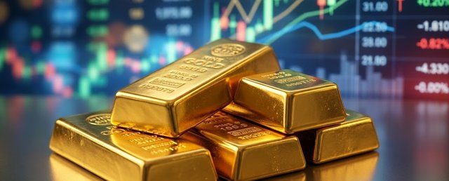 Lingotes de oro frente a una pantalla de cotizaciones